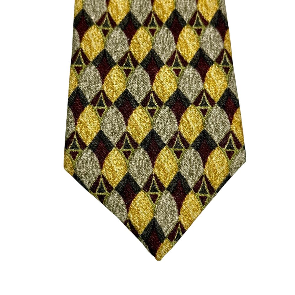 VTG Ermenegildo Zegna 100% Silk Tie Gold Burgundy Beige Diamond‎ Geometric